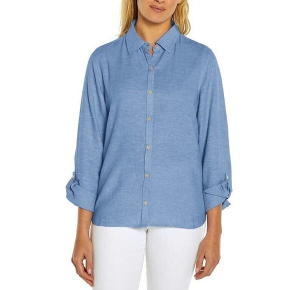 Orvis Top Womens XXL Blue Button Up Long Sleeve Hi Low Hem Linen Blend Classic - Picture 1 of 8